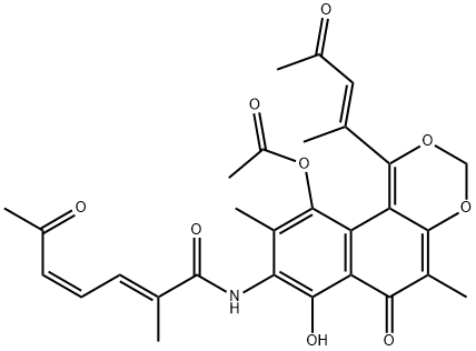 (2E,4Z)-N-[10-Acetoxy-7-hydroxy-5,9-dimethyl-1-[(E)-1-methyl-3-oxo-1-butenyl]-6-oxo-6H-naphtho[2,1-d][1,3]dioxin-8-yl]-2-methyl-6-oxo-2,4-heptadienamide Struktur