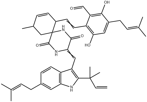 2-[2-[3-[[2-(1,1-Dimethyl-2-propenyl)-6-(3-methyl-2-butenyl)-1H-indol-3-yl]methylene]-10-methyl-2,5-dioxo-1,4-diazaspiro[5.5]undec-8-en-7-yl]vinyl]-3,6-dihydroxy-5-(3-methyl-2-butenyl)benzaldehyde Struktur