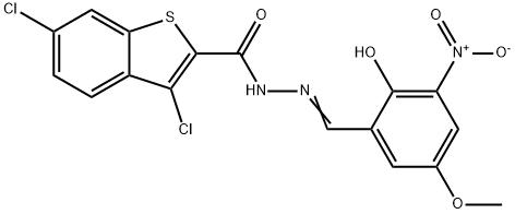 Benzo[b]thiophene-2-carboxylic acid, 3,6-dichloro-, [(2-hydroxy-5-methoxy-3-nitrophenyl)methylene]hydrazide (9CI) Struktur