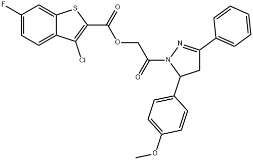 Benzo[b]thiophene-2-carboxylic acid, 3-chloro-6-fluoro-, 2-[4,5-dihydro-5-(4-methoxyphenyl)-3-phenyl-1H-pyrazol-1-yl]-2-oxoethyl ester (9CI) Struktur