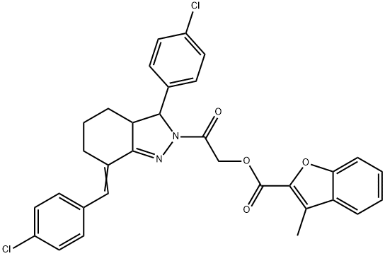 2-Benzofurancarboxylicacid,3-methyl-,2-[3-(4-chlorophenyl)-7-[(4-chlorophenyl)methylene]-3,3a,4,5,6,7-hexahydro-2H-indazol-2-yl]-2-oxoethylester(9CI) Struktur