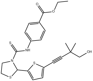 Benzoic acid, 4-[[[2-[5-(4-hydroxy-3,3-dimethyl-1-butynyl)-2-thienyl]-3-thiazolidinyl]thioxomethyl]amino]-, ethyl ester (9CI) Struktur