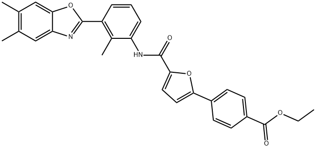 Benzoic acid, 4-[5-[[[3-(5,6-dimethyl-2-benzoxazolyl)-2-methylphenyl]amino]carbonyl]-2-furanyl]-, ethyl ester (9CI) Struktur