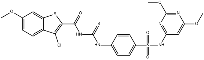 Benzo[b]thiophene-2-carboxamide, 3-chloro-N-[[[4-[[(2,6-dimethoxy-4-pyrimidinyl)amino]sulfonyl]phenyl]amino]thioxomethyl]-6-methoxy- (9CI) Struktur