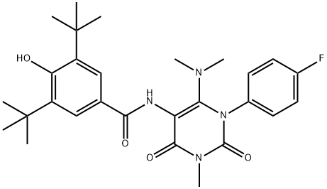 Benzamide,  N-[6-(dimethylamino)-1-(4-fluorophenyl)-1,2,3,4-tetrahydro-3-methyl-2,4-dioxo-5-pyrimidinyl]-3,5-bis(1,1-dimethylethyl)-4-hydroxy- Struktur