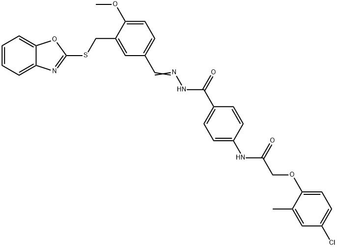 Benzoic acid, 4-[[(4-chloro-2-methylphenoxy)acetyl]amino]-, [[3-[(2-benzoxazolylthio)methyl]-4-methoxyphenyl]methylene]hydrazide (9CI) Struktur