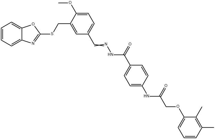 Benzoic acid, 4-[[(2,3-dimethylphenoxy)acetyl]amino]-, [[3-[(2-benzoxazolylthio)methyl]-4-methoxyphenyl]methylene]hydrazide (9CI) Struktur