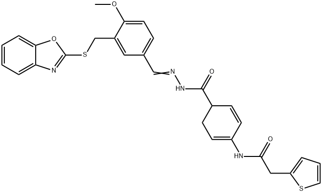 2,4-Cyclohexadiene-1-carboxylicacid,4-[(2-thienylacetyl)amino]-,[[3-[(2-benzoxazolylthio)methyl]-4-methoxyphenyl]methylene]hydrazide(9CI) Struktur