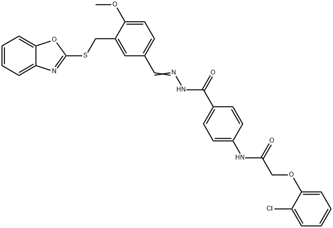 Benzoic acid, 4-[[(2-chlorophenoxy)acetyl]amino]-, [[3-[(2-benzoxazolylthio)methyl]-4-methoxyphenyl]methylene]hydrazide (9CI) Struktur