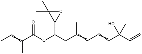 2-Methyl-2-butenoic acid 1-(3,3-dimethyloxiranyl)-7-hydroxy-3,7-dimethyl-3,5,8-nonatrienyl ester Struktur