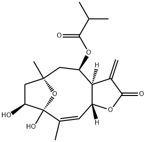 2-Methylpropanoic acid (3aR,4R,6S,8S,9S,10Z,11aR)-2,3,3a,4,5,6,7,8,9,11a-decahydro-8,9-dihydroxy-6,10-dimethyl-3-methylene-2-oxo-6,9-epoxycyclodeca[b]furan-4-yl ester Struktur