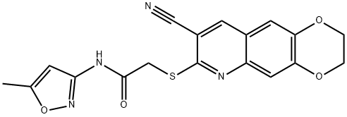 Acetamide, 2-[(8-cyano-2,3-dihydro-1,4-dioxino[2,3-g]quinolin-7-yl)thio]-N-(5-methyl-3-isoxazolyl)- (9CI) Struktur