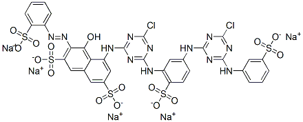 2,7-Naphthalenedisulfonic acid, 5-[[4-chloro-6-[[3-[[4-chloro-6-[(3-sulfophenyl)amino]-1,3,5-triazin-2-yl]amino]-6-sulfophenyl]amino]-1,3,5-triazin-2-yl]amino]-4-hydroxy-3-[(2-sulfophenyl)azo]-, pentasodium salt Struktur