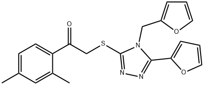 Ethanone, 1-(2,4-dimethylphenyl)-2-[[5-(2-furanyl)-4-(2-furanylmethyl)-4H-1,2,4-triazol-3-yl]thio]- (9CI) Struktur