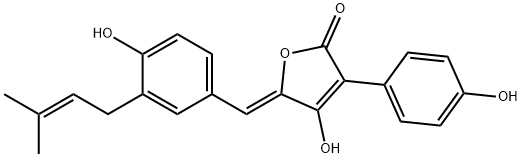 4-Hydroxy-5-[(Z)-[4-hydroxy-3-(3-methyl-2-butenyl)phenyl]methylene]-3-(4-hydroxyphenyl)furan-2(5H)-one Struktur