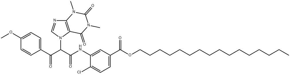 4-クロロ-3-[[3-(4-メトキシフェニル)-1,3-ジオキソ-2-[(1,2,3,6-テトラヒドロ-1,3-ジメチル-2,6-ジオキソ-7H-プリン)-7-イル]プロピル]アミノ]安息香酸ヘキサデシル 化學(xué)構(gòu)造式