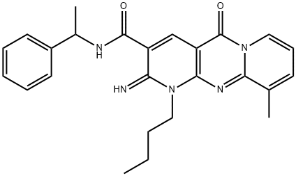 1-butyl-2-imino-10-methyl-5-oxo-N-(1-phenylethyl)-1,5-dihydro-2H-dipyrido[1,2-a:2,3-d]pyrimidine-3-carboxamide Struktur