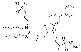 hydrogen 2-[2-[[5,6-dimethoxy-3-(3-sulphonatopropyl)-3H-benzothiazol-2-ylidene]methyl]but-1-enyl]-5-phenyl-3-(3-sulphonatobutyl)benzoxazolium, sodium salt Struktur