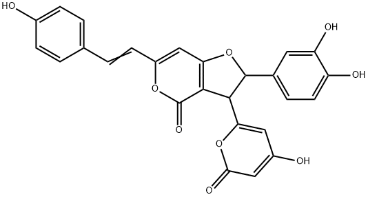 2-(3,4-Dihydroxyphenyl)-2,3-dihydro-3-(4-hydroxy-2-oxo-2H-pyran-6-yl)-6-[2-(4-hydroxyphenyl)vinyl]-4H-furo[3,2-c]pyran-4-one Struktur