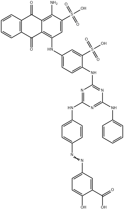 5-[[4-[[4-[[4-[(4-amino-9,10-dihydro-9,10-dioxo-3-sulpho-1-anthryl)amino]-2-sulphophenyl]amino]-6-(phenylamino)-1,3,5-triazin-2-yl]amino]phenyl]azo]-2-hydroxybenzoic acid Struktur