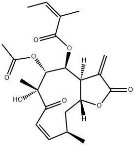 (3aS,4S,5R,6R,8Z,10R,11aR)-5-Acetoxy-2,3,3a,4,5,6,7,10,11,11a-decahydro-6-hydroxy-4-[(Z)-2-methyl-2-butenoyloxy]-6,10-dimethyl-3-methylenecyclodeca[b]furan-2,7-dione Struktur