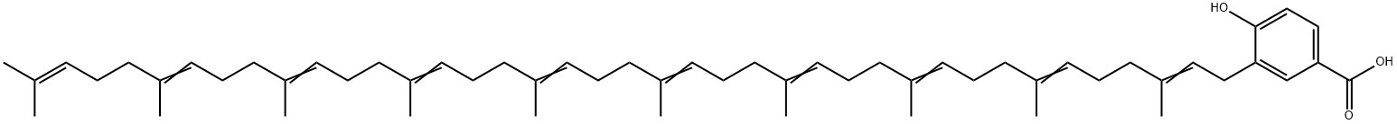 3-[(2E,6E,10E,14E,18E,22E,26E,30E,34E)-3,7,11,15,19,23,27,31,35,39-decamethyltetraconta-2,6,10,14,18,22,26,30,34,38-decaenyl]-4-hydroxy-benzoic acid Struktur