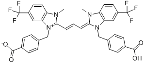 2-(3-(1-(4-CARBOXY) BENZYL-3-METHYL-6-TRIFLUORO METHYL-2-BENZIMIDAZOLINYLIDENE) PROPENYL)-3-METHYL-1-(4-CARBOXY) BENZYL-6-TRIFLUOROMETHYL BENZIMIDAZOLIUM HYDROXIDE, INNER SALT Struktur