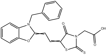 5-[(3-benzylbenzoxazol-2(3H)-ylidene)ethylidene]-4-oxo-2-thioxothiazolidin-3-acetic acid Struktur