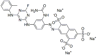 trisodium 7-[[2-[(aminocarbonyl)amino]-4-[[4-fluoro-6-[(2-methylphenyl)amino]-1,3,5-triazin-2-yl]amino]phenyl]azo]naphthalene-1,3,6-trisulphonate Struktur