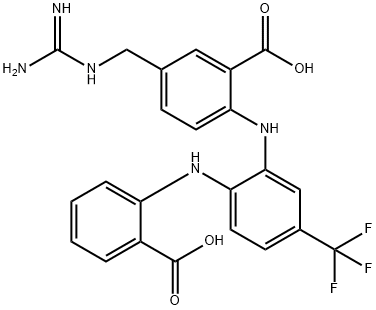 Benzoic  acid,  5-[[(aminoiminomethyl)amino]methyl]-2-[[2-[(2-carboxyphenyl)amino]-5-(trifluoromethyl)phenyl]amino]- Struktur