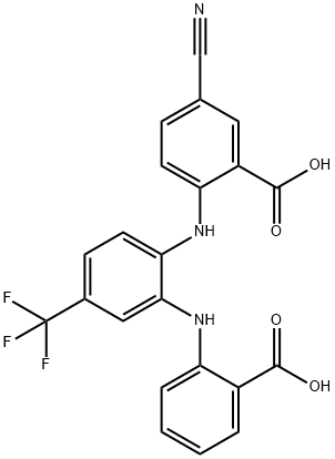 Benzoic  acid,  2-[[2-[(2-carboxyphenyl)amino]-4-(trifluoromethyl)phenyl]amino]-5-cyano- Struktur