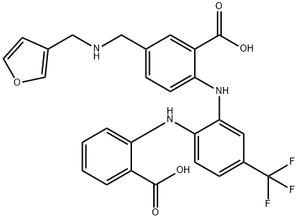 Benzoic  acid,  2-[[2-[(2-carboxyphenyl)amino]-5-(trifluoromethyl)phenyl]amino]-5-[[(3-furanylmethyl)amino]methyl]- Struktur