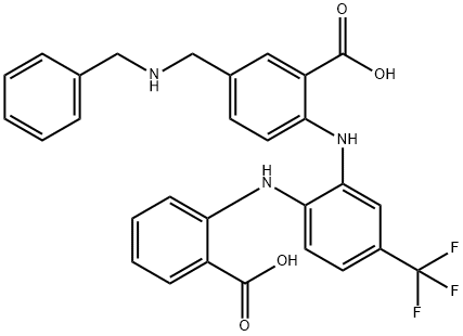 Benzoic  acid,  2-[[2-[(2-carboxyphenyl)amino]-5-(trifluoromethyl)phenyl]amino]-5-[[(phenylmethyl)amino]methyl]- Struktur