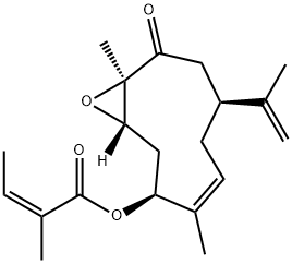 (Z)-2-Methyl-2-butenoic acid [(1S,3S,4Z,7S,10R)-4,10-dimethyl-7-isopropenyl-9-oxo-11-oxabicyclo[8.1.0]undec-4-en-3-yl] ester Struktur