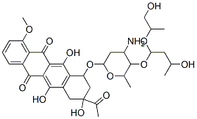 8-acetyl-10-[4-amino-5-[3-hydroxy-1-(1-hydroxypropan-2-yloxy)butoxy]-6 -methyl-oxan-2-yl]oxy-6,8,11-trihydroxy-1-methoxy-9,10-dihydro-7H-tetr acene-5,12-dione Struktur