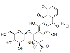 5,12-Naphthacenedione, 8-acetyl-10-((2-amino-2-deoxy-beta-D-glucopyran osyl)oxy)-7,8,9,10-tetrahydro-6,8,11-trihydroxy -1-methoxy-, hydrochlo ride, (8S-cis)- Struktur