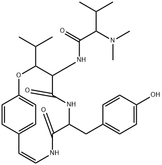 2-(Dimethylamino)-N-[7-[(4-hydroxyphenyl)methyl]-3-(1-methylethyl)-5,8-dioxo-2-oxa-6,9-diazabicyclo[10.2.2]hexadeca-10,12,14(1),15-tetren-4-yl]-3-methylbutanamide Struktur