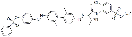 sodium 4-chloro-3-[4-[[2,2'-dimethyl-4'-[[4-[(phenylsulphonyl)oxy]phenyl]azo][1,1'-biphenyl]-4-yl]azo]-4,5-dihydro-3-methyl-5-oxo-1H-pyrazol-1-yl]benzenesulphonate  Struktur