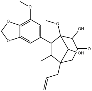 2,8-Dihydroxy-1-methoxy-7-(7-methoxy-1,3-benzodioxol-5-yl)-6-methyl-5-allylbicyclo[3.2.1]octan-3-one Struktur