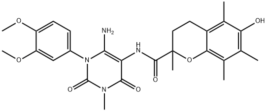 2H-1-Benzopyran-2-carboxamide,  N-[6-amino-1-(3,4-dimethoxyphenyl)-1,2,3,4-tetrahydro-3-methyl-2,4-dioxo-5-pyrimidinyl]-3,4-dihydro-6-hydroxy- Struktur