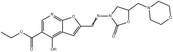 4-Hydroxy-2-[[[5-(4-morpholinylmethyl)-2-oxo-3-oxazolidinyl]imino]methyl]furo[2,3-b]pyridine-5-carboxylic acid ethyl ester Struktur