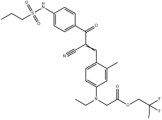 2,2,2-trifluoroethyl N-[4-[2-cyano-3-oxo-3-[4-[(propylsulphonyl)amino]phenyl]-1-propenyl]-m-tolyl]-N-ethylglycinate Struktur