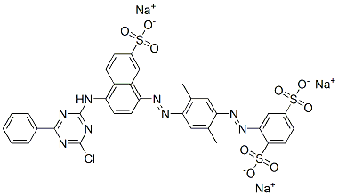 trisodium 2-[[4-[[4-[(4-chloro-6-phenyl-1,3,5-triazin-2-yl)amino]-7-sulphonato-1-naphthyl]azo]-2,5-dimethylphenyl]azo]benzene-1,4-disulphonate Struktur