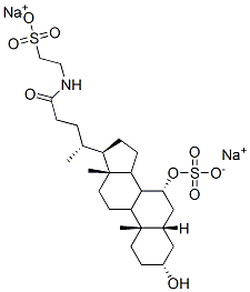 disodium 2-[[(4R)-4-[(3R,5S,7R,10S,13R,17R)-3-hydroxy-10,13-dimethyl-7-sulfonatooxy-2,3,4,5,6,7,8,9,11,12,14,15,16,17-tetradecahydro-1H-cyclopenta[a]phenanthren-17-yl]pentanoyl]amino]ethanesulfonate Struktur