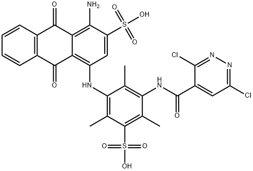 1-amino-4-[3-[[(3,6-dichloropyridazin-4-yl)carbonyl]amino]-2,4,6-trimethyl-5-sulphoanilino]-9,10-dihydro-9,10-dioxoanthracene-2-sulphonic acid Struktur