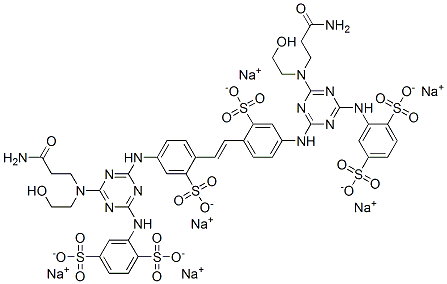 hexasodium 2,2'-[vinylenebis[(3-sulphonato-4,1-phenylene)imino[6-[(3-amino-3-oxopropyl)(2-hydroxyethyl)amino]-1,3,5-triazine-4,2-diyl]imino]]bis(benzene-1,4-disulphonate) Struktur