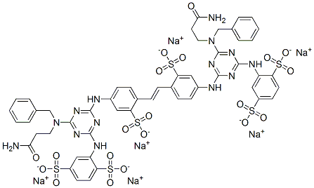 hexasodium 2,2'-[vinylenebis[(3-sulphonato-4,1-phenylene)imino[6-[(3-amino-3-oxopropyl)(phenylmethyl)amino]-1,3,5-triazine-4,2-diyl]imino]]bis(benzene-1,4-disulphonate) Struktur