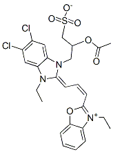 2-[3-[1-[2-acetoxy-3-sulphonatopropyl]-5,6-dichloro-3-ethyl-1,3-dihydro-2H-benzimidazol-2-ylidene]prop-1-enyl]-3-ethylbenzoxazolium Struktur