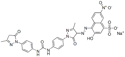 sodium 4-[[1-[4-[[[[4-(4,5-dihydro-3-methyl-5-oxo-1H-pyrazol-1-yl)phenyl]amino]carbonyl]amino]phenyl]-4,5-dihydro-3-methyl-5-oxo-1H-pyrazol-4-yl]azo]-3-hydroxy-7-nitronaphthalene-1-sulphonate Struktur