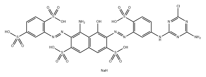 pentasodium 4-amino-6-[[5-[(4-amino-6-chloro-1,3,5-triazin-2-yl)amino]-2-sulphonatophenyl]azo]-3-[(2,5-disulphonatophenyl)azo]-5-hydroxynaphthalene-2,7-disulphonate Struktur